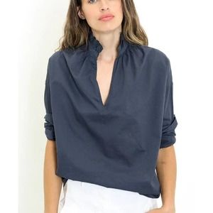 Chic Navy Blouse with Ruffled Collar